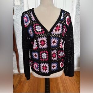Cotton Emporium Black V-Neck Crochet Cardigan with Pink, Purple & Blue Accents